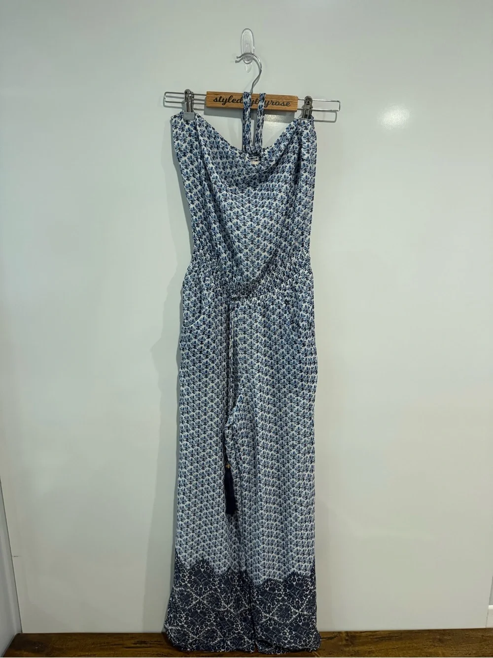 Tory Burch Silk Baja Blue Printed Halter Tassel Jumpsuit